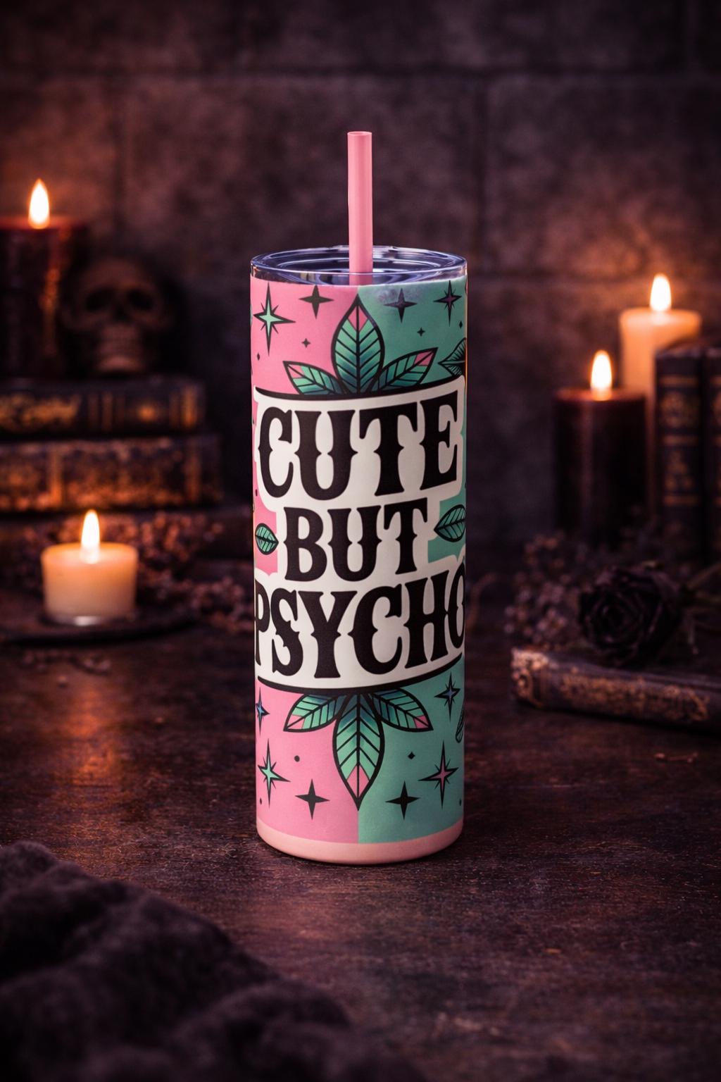 Cute But Psycho 20oz Tumbler | Gothic Aesthetic Travel Cup | Dark Romance Alt Girl Gift | Pink & Mint Skull Floral Straw Cup