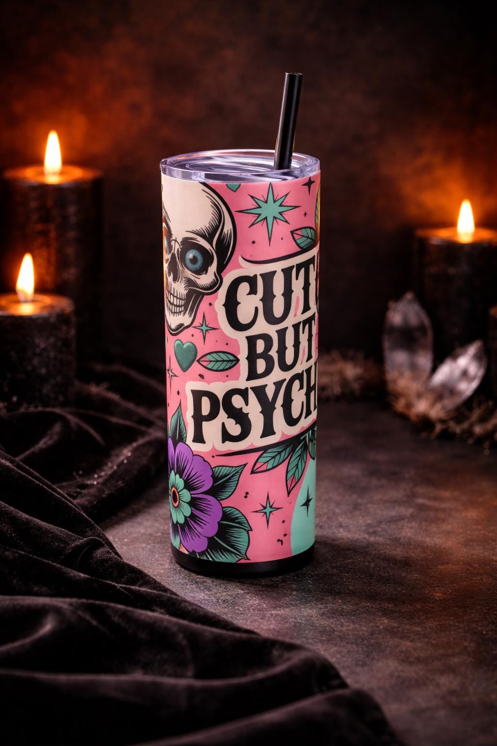 Cute But Psycho 20oz Tumbler | Gothic Aesthetic Travel Cup | Dark Romance Alt Girl Gift | Pink & Mint Skull Floral Straw Cup