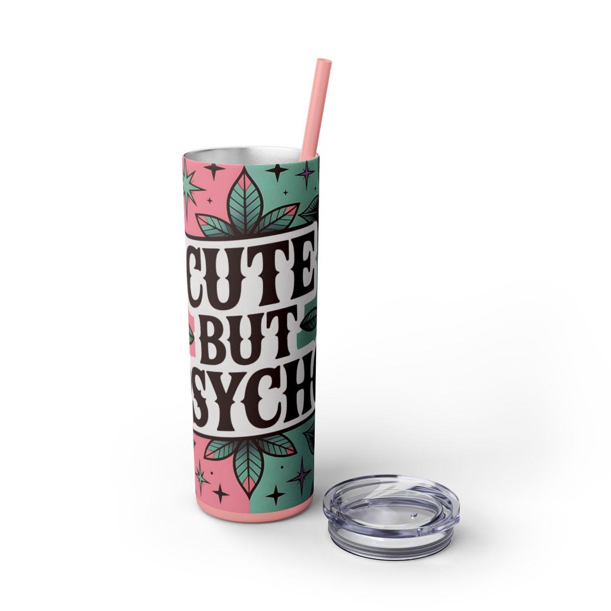 Cute But Psycho 20oz Tumbler | Gothic Aesthetic Travel Cup | Dark Romance Alt Girl Gift | Pink & Mint Skull Floral Straw Cup