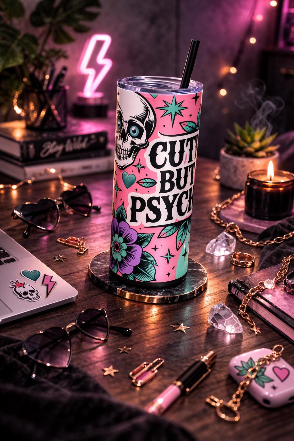 Cute But Psycho 20oz Tumbler | Gothic Aesthetic Travel Cup | Dark Romance Alt Girl Gift | Pink & Mint Skull Floral Straw Cup