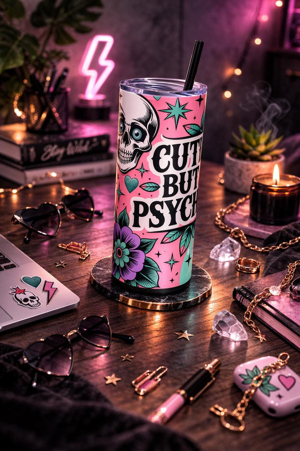 Cute But Psycho 20oz Tumbler | Gothic Aesthetic Travel Cup | Dark Romance Alt Girl Gift | Pink & Mint Skull Floral Straw Cup
