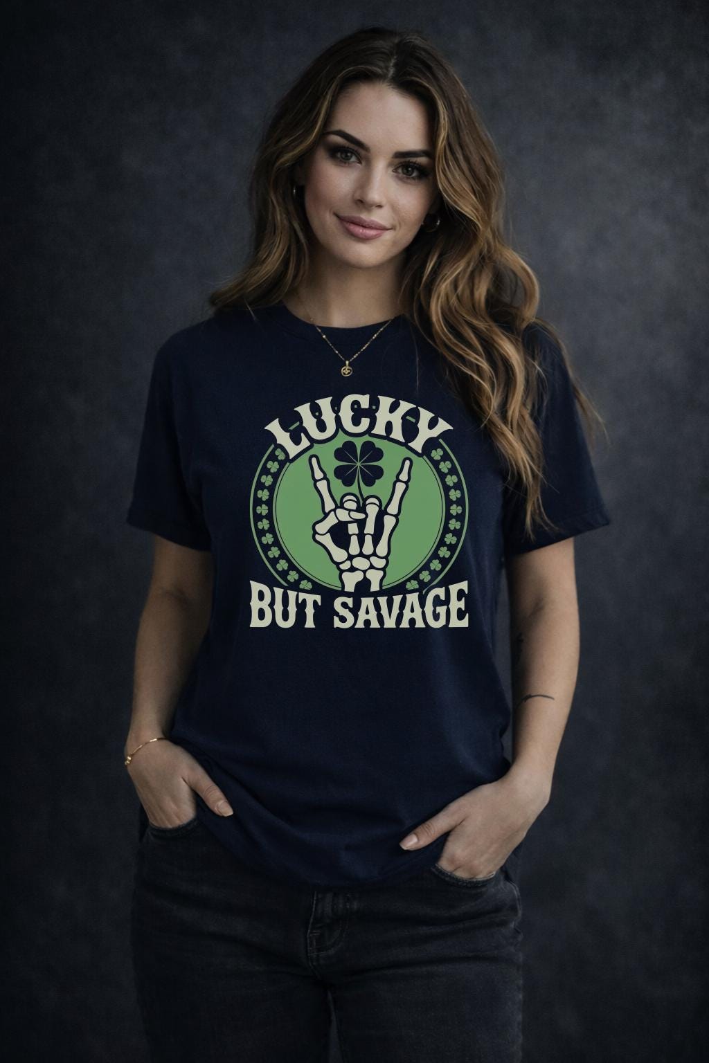 Lucky But Savage Shirt, Funny St Patricks Day Shirt, Skeleton Hand Clover Tee, Irish Humor Shirt, Lucky Rebel Graphic Tee