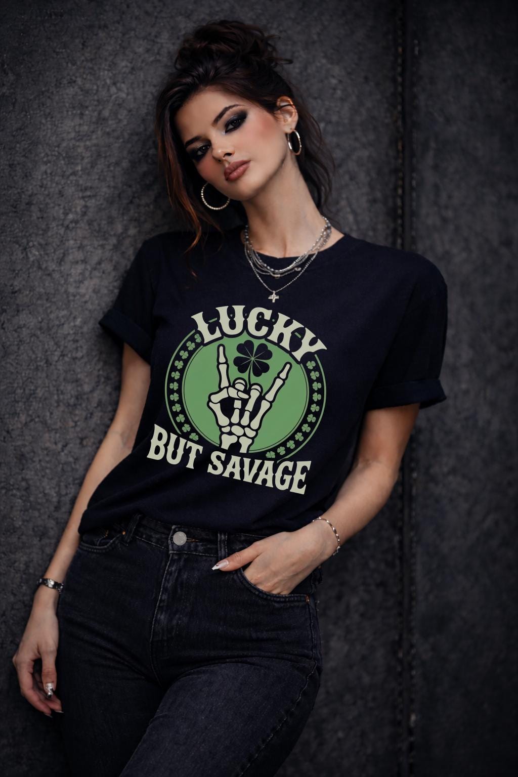 Lucky But Savage Shirt, Funny St Patricks Day Shirt, Skeleton Hand Clover Tee, Irish Humor Shirt, Lucky Rebel Graphic Tee