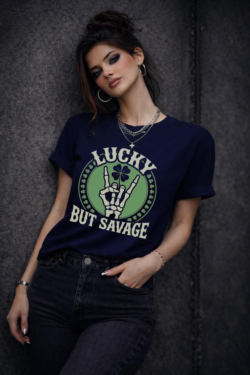 Lucky But Savage Shirt, Funny St Patricks Day Shirt, Skeleton Hand Clover Tee, Irish Humor Shirt, Lucky Rebel Graphic Tee