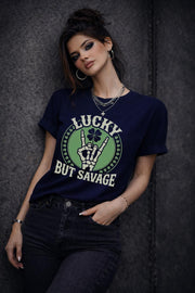 Lucky But Savage Shirt, Funny St Patricks Day Shirt, Skeleton Hand Clover Tee, Irish Humor Shirt, Lucky Rebel Graphic Tee