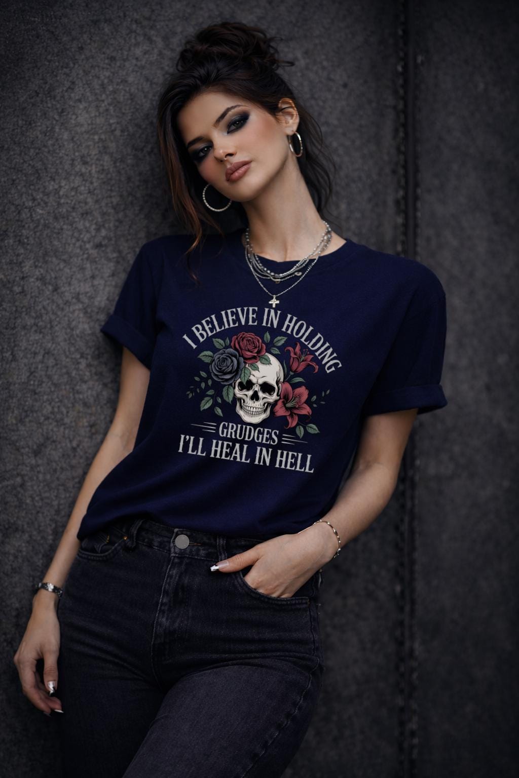I Believe in Holding Grudges Shirt, Gothic Skull Floral Tee, Dark Humor T Shirt, Sarcastic Goth Aesthetic Top, Grunge Graphic Tee
