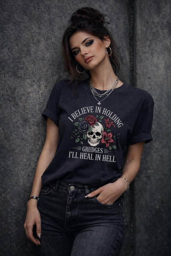 I Believe in Holding Grudges Shirt, Gothic Skull Floral Tee, Dark Humor T Shirt, Sarcastic Goth Aesthetic Top, Grunge Graphic Tee