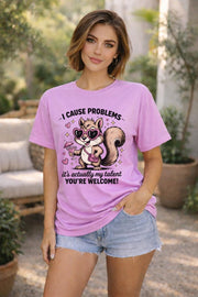 Funny squirrel graphic t-shirt with playful quote “I cause problems it’s actually my talent,” featuring cartoon squirrel with sunglasses and cocktail, worn as a casual summer outfit.