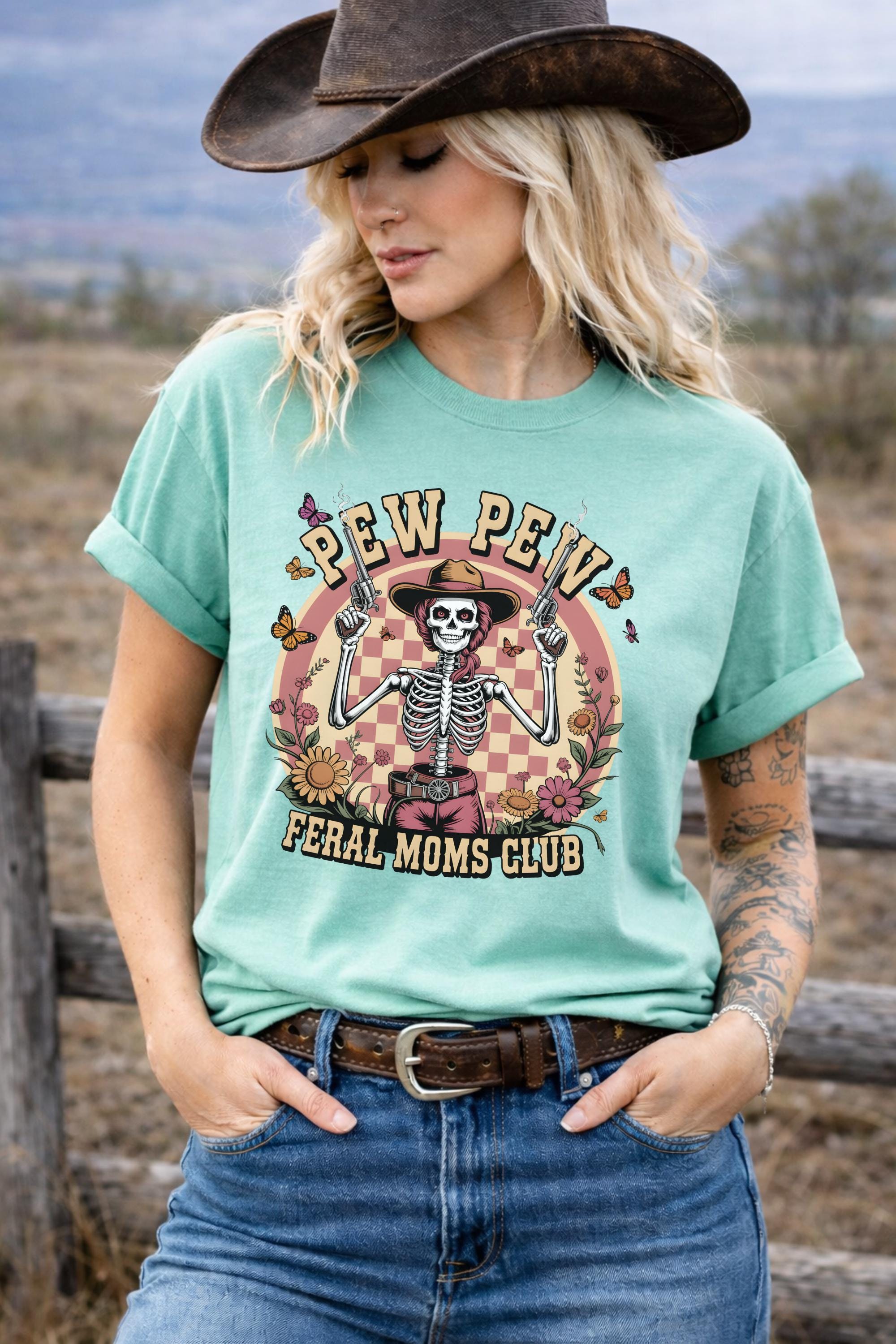 Pew Pew Feral Moms Club Shirt, Funny Mom Western Tee, Skeleton Cowgirl Shirt, Chaos Mom Shirt, Retro Western Graphic Tee