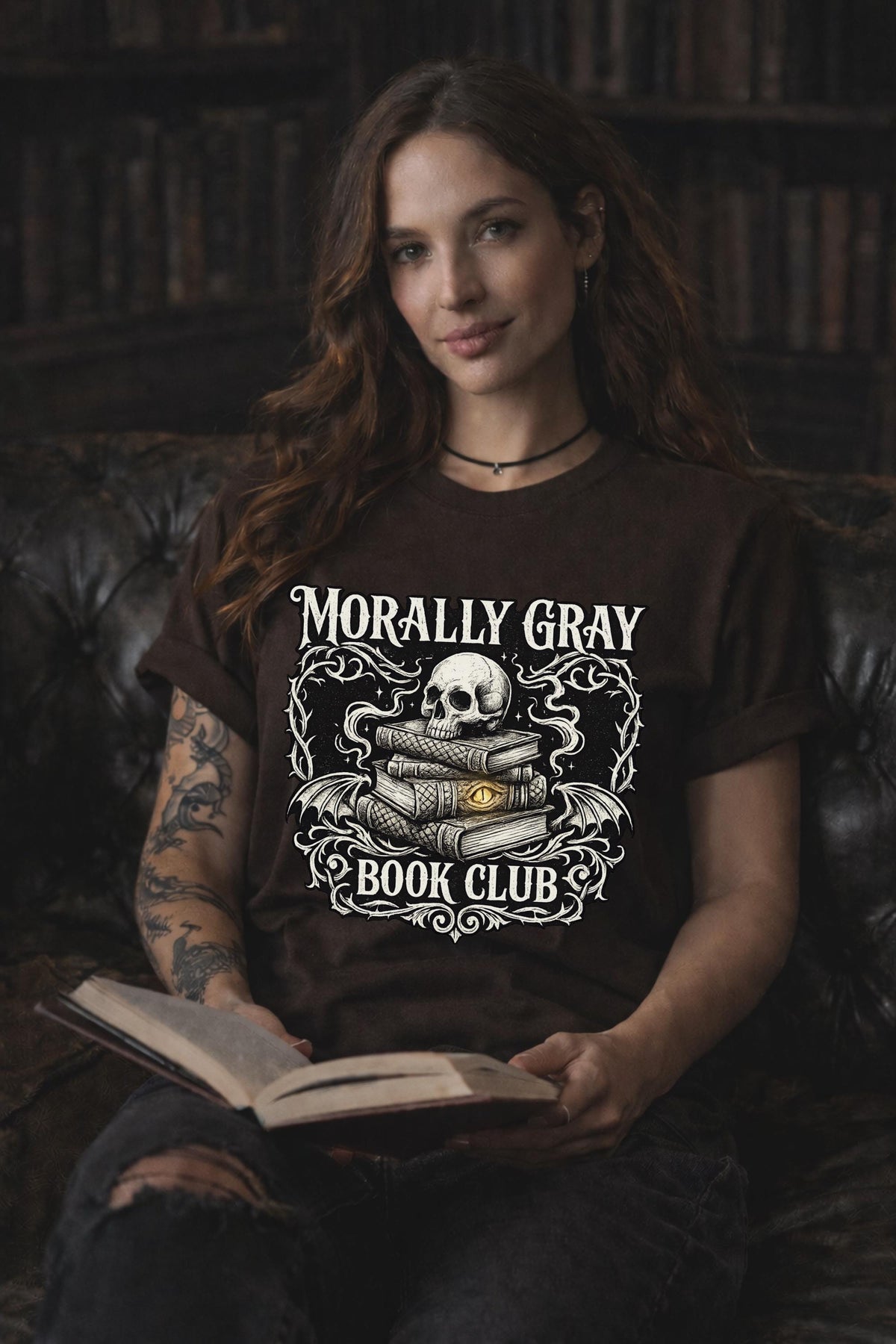 “Morally Gray Book Club” graphic tee with skull and stacked books in gothic dark academia style.