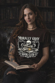“Morally Gray Book Club” graphic tee with skull and stacked books in gothic dark academia style.
