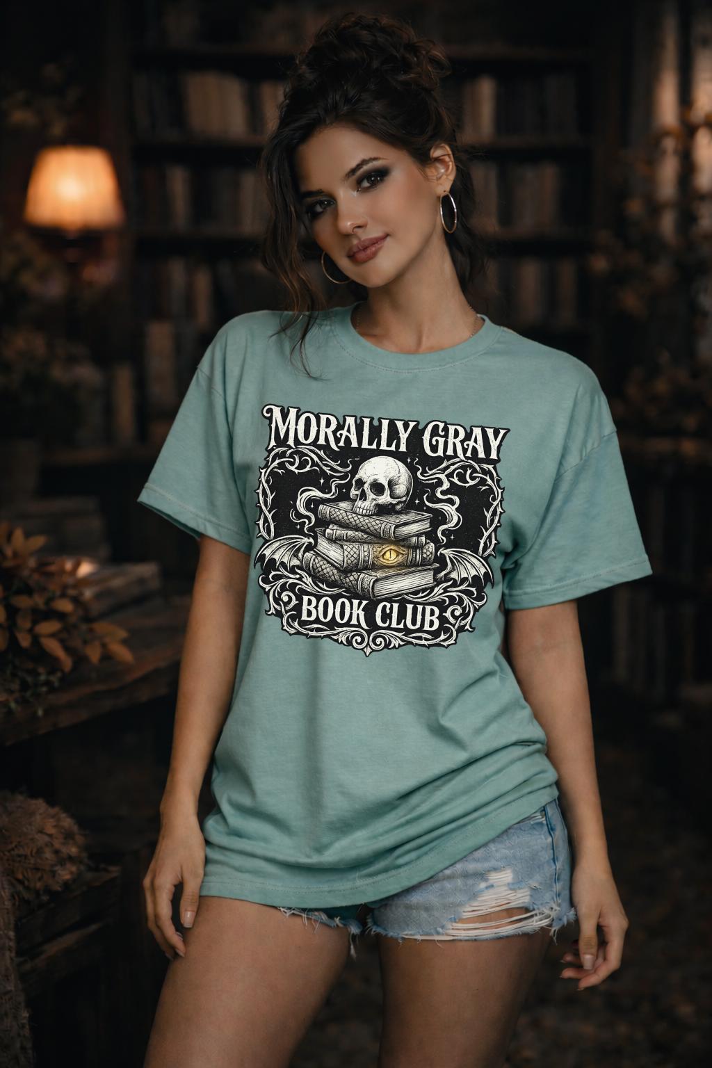 “Morally Gray Book Club” graphic tee with skull and stacked books in gothic dark academia style.