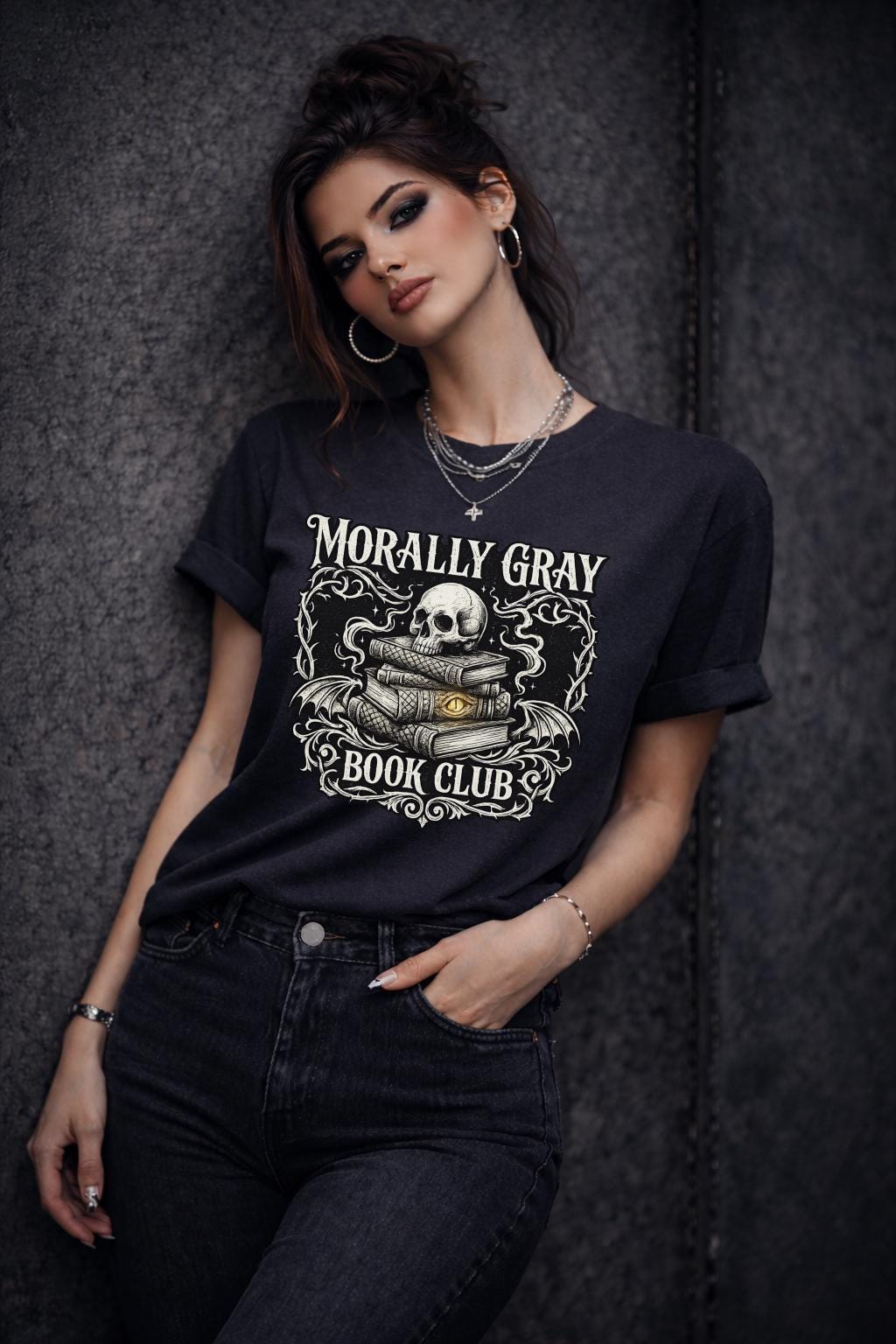 “Morally Gray Book Club” graphic tee with skull and stacked books in gothic dark academia style.