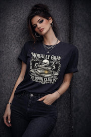 “Morally Gray Book Club” graphic tee with skull and stacked books in gothic dark academia style.