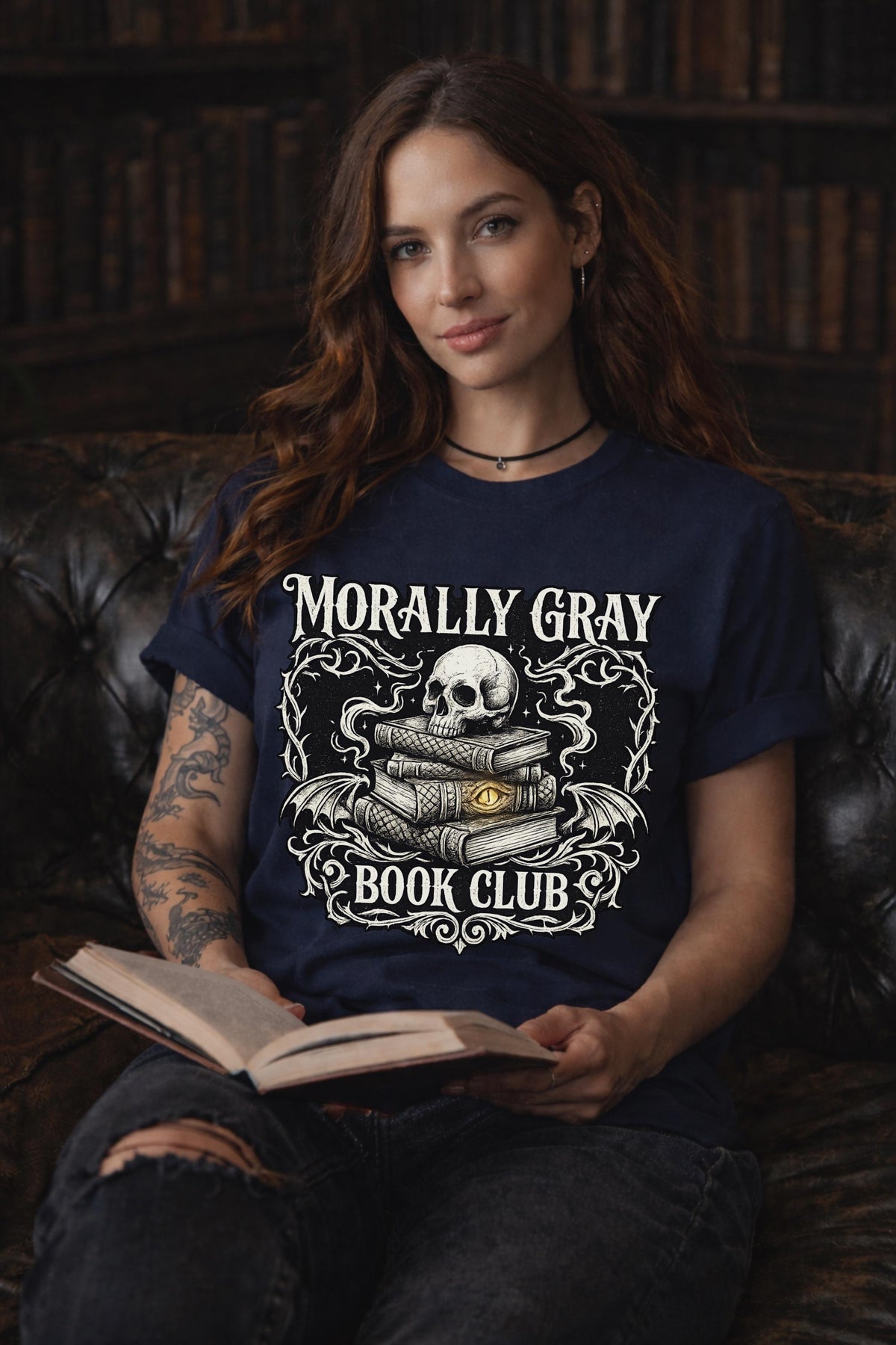 “Morally Gray Book Club” graphic tee with skull and stacked books in gothic dark academia style.