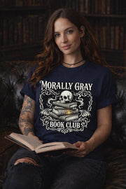 “Morally Gray Book Club” graphic tee with skull and stacked books in gothic dark academia style.