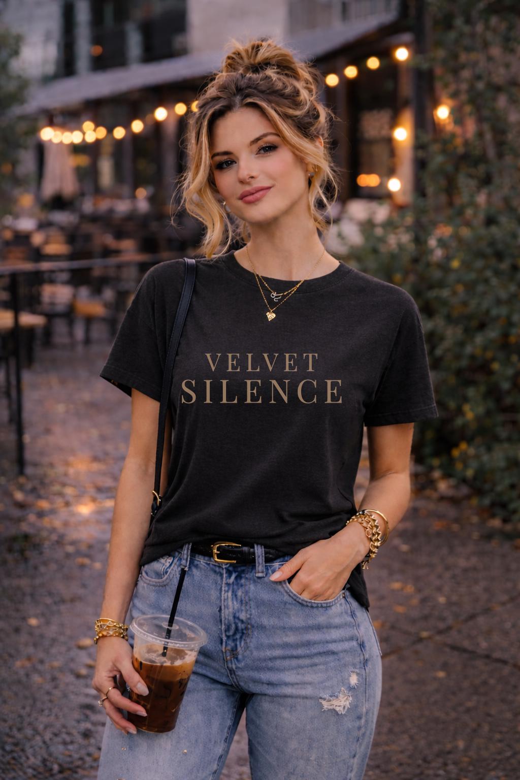 Velvet Silence Shirt, Minimalist Moody Aesthetic Tee, Dark Academia Typography Shirt, Quiet Luxury Graphic Tee, Unisex Relaxed Fit