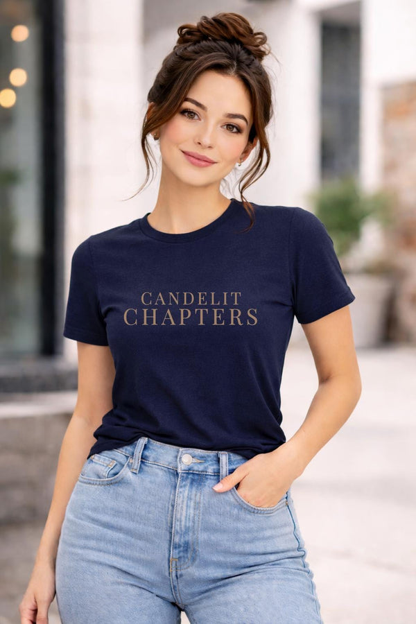 Dark academia book lover shirt featuring Candlelit Chapters design with moody vintage aesthetic, perfect literary graphic tee for readers