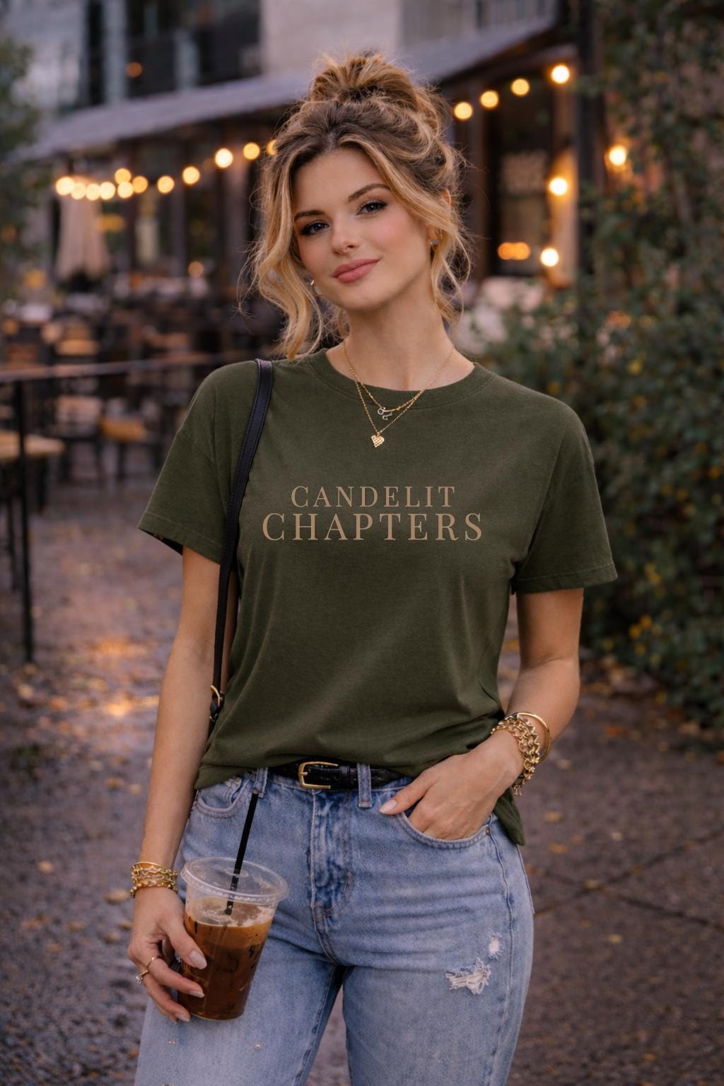 Moody aesthetic book lover shirt with Candlelit Chapters text, dark academia style graphic tee for readers and writers