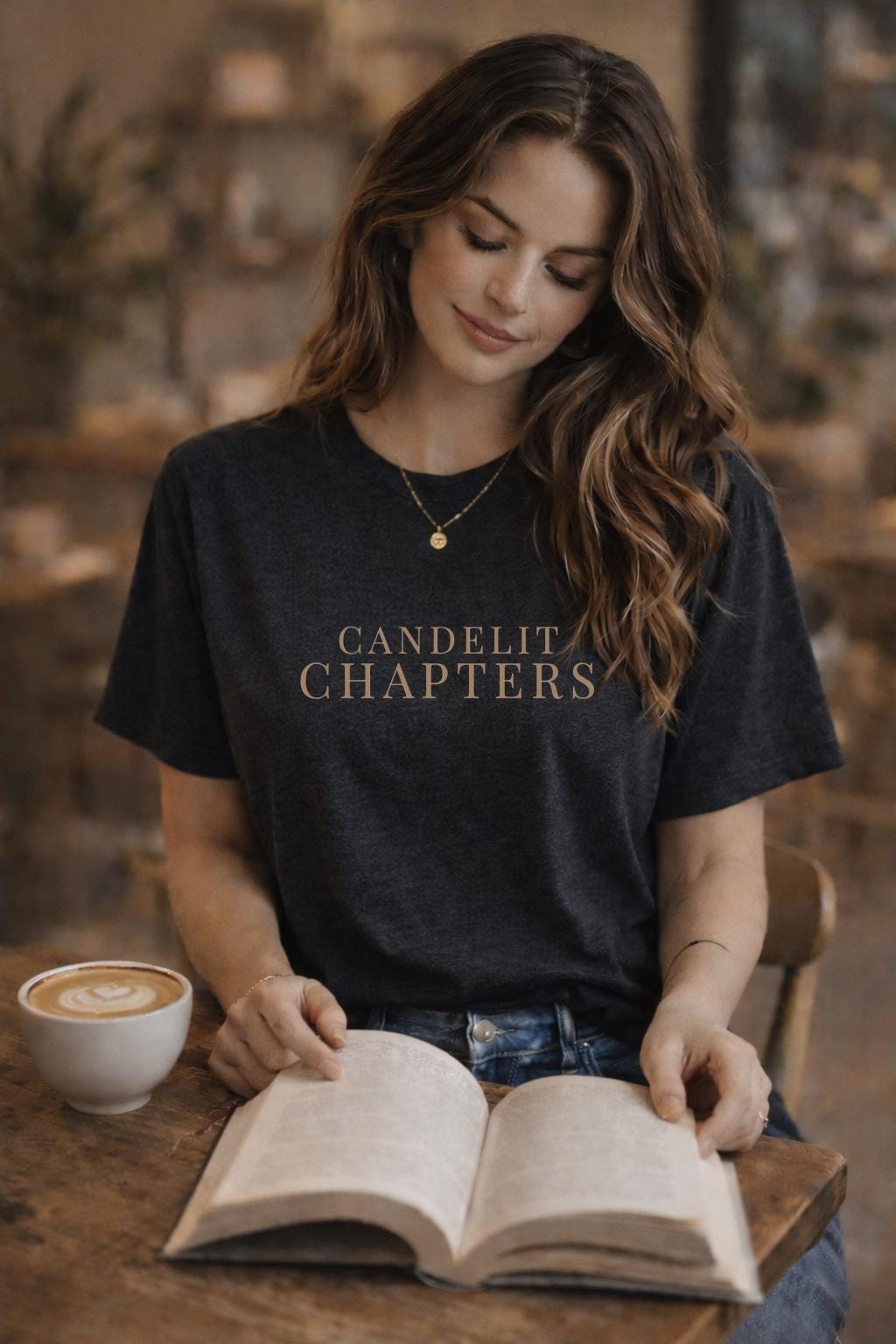 Moody aesthetic book lover shirt with Candlelit Chapters text, dark academia style graphic tee for readers and writers