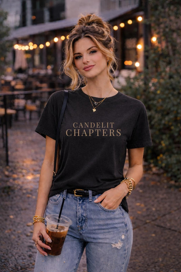 Dark academia book lover shirt featuring Candlelit Chapters design with moody vintage aesthetic, perfect literary graphic tee for readers