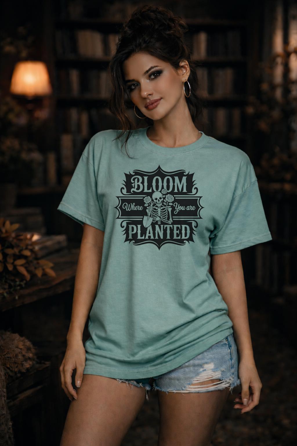 Bloom Where You Are Planted Shirt – Gothic Skeleton Floral Tee – Inspirational Dark Aesthetic Top – Motivational Graphic Shirt for Women