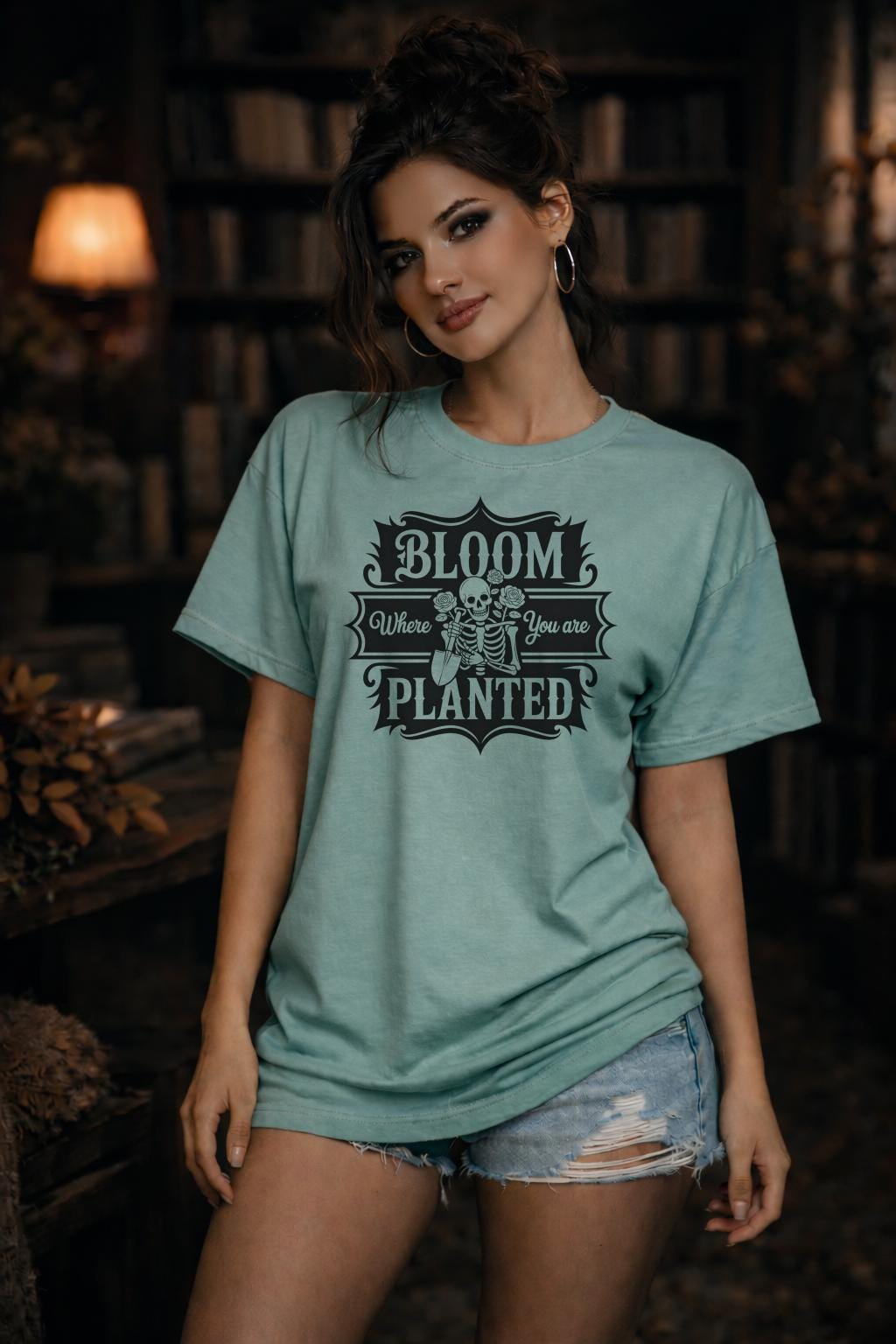 Bloom Where You Are Planted Shirt – Gothic Skeleton Floral Tee – Inspirational Dark Aesthetic Top – Motivational Graphic Shirt for Women