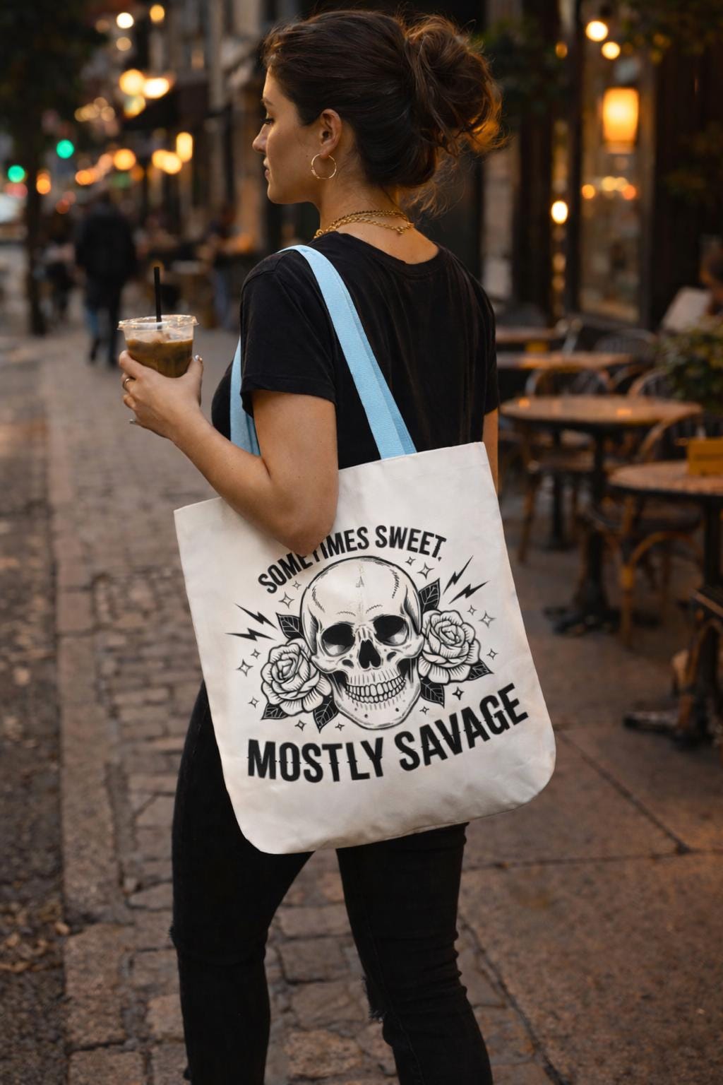 Sometimes Sweet Mostly Savage Tote Bag – Skull & Roses Canvas Tote – Edgy Feminine Graphic Bag – Gift for Her