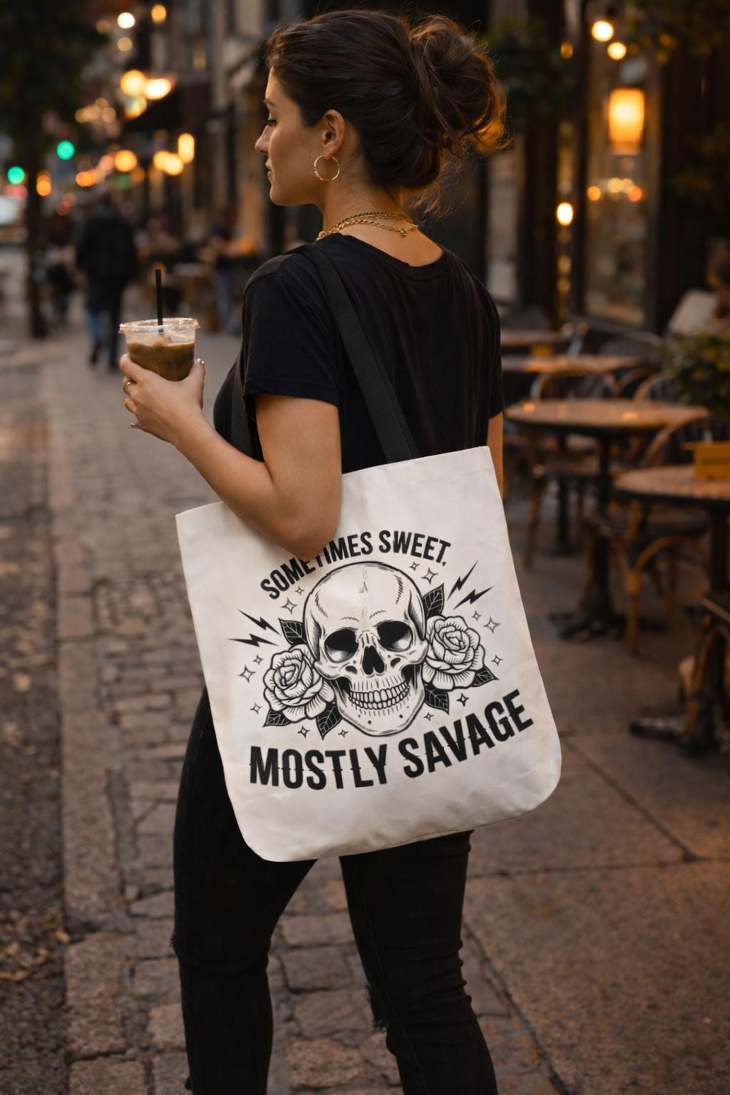 Sometimes Sweet Mostly Savage Tote Bag – Skull & Roses Canvas Tote – Edgy Feminine Graphic Bag – Gift for Her