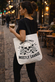 Sometimes Sweet Mostly Savage Tote Bag – Skull & Roses Canvas Tote – Edgy Feminine Graphic Bag – Gift for Her