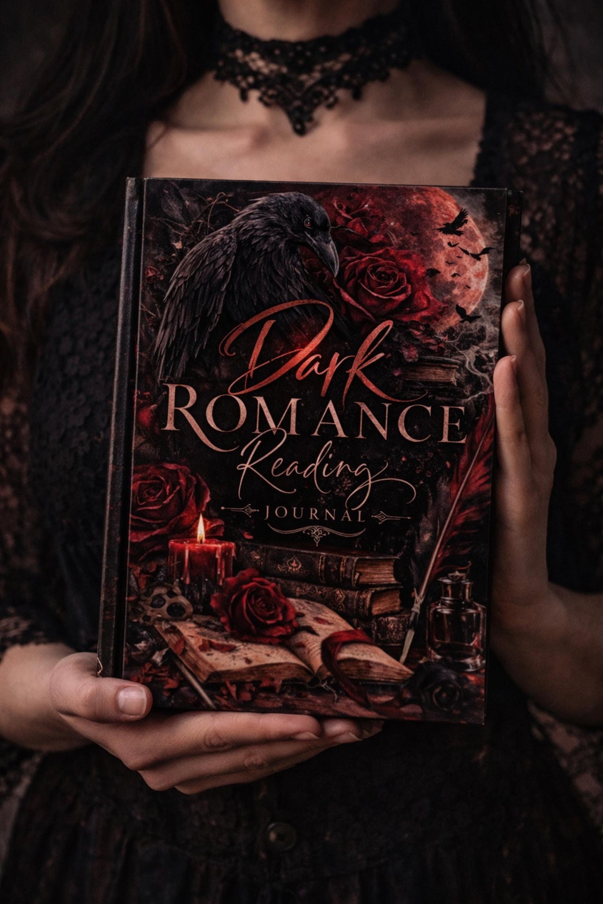 Dark academia reading journal with raven and roses, candlelit gothic book aesthetic for romance readers