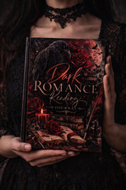 Dark academia reading journal with raven and roses, candlelit gothic book aesthetic for romance readers
