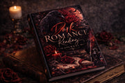 Gothic dark romance reading journal styled with candles, antique books, coffee cup, and red roses in dark academia theme
