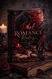 Dark romance journal cover featuring raven, vintage books, candles and red roses in moody aesthetic setting