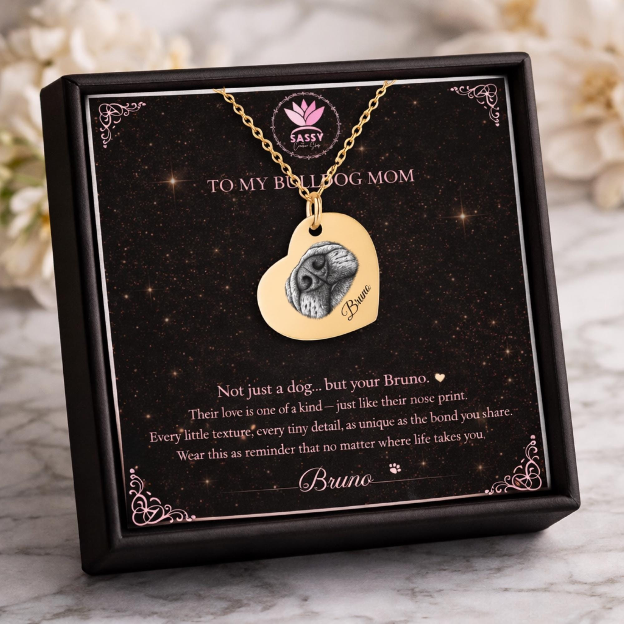 Custom pet nose print heart necklace engraved from dog nose photo, personalized memorial jewelry gift