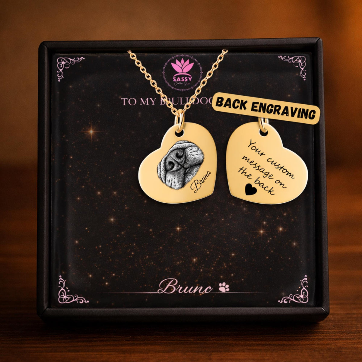 gold heart necklace with engraved bulldog nose print and custom name pendant displayed in gift box