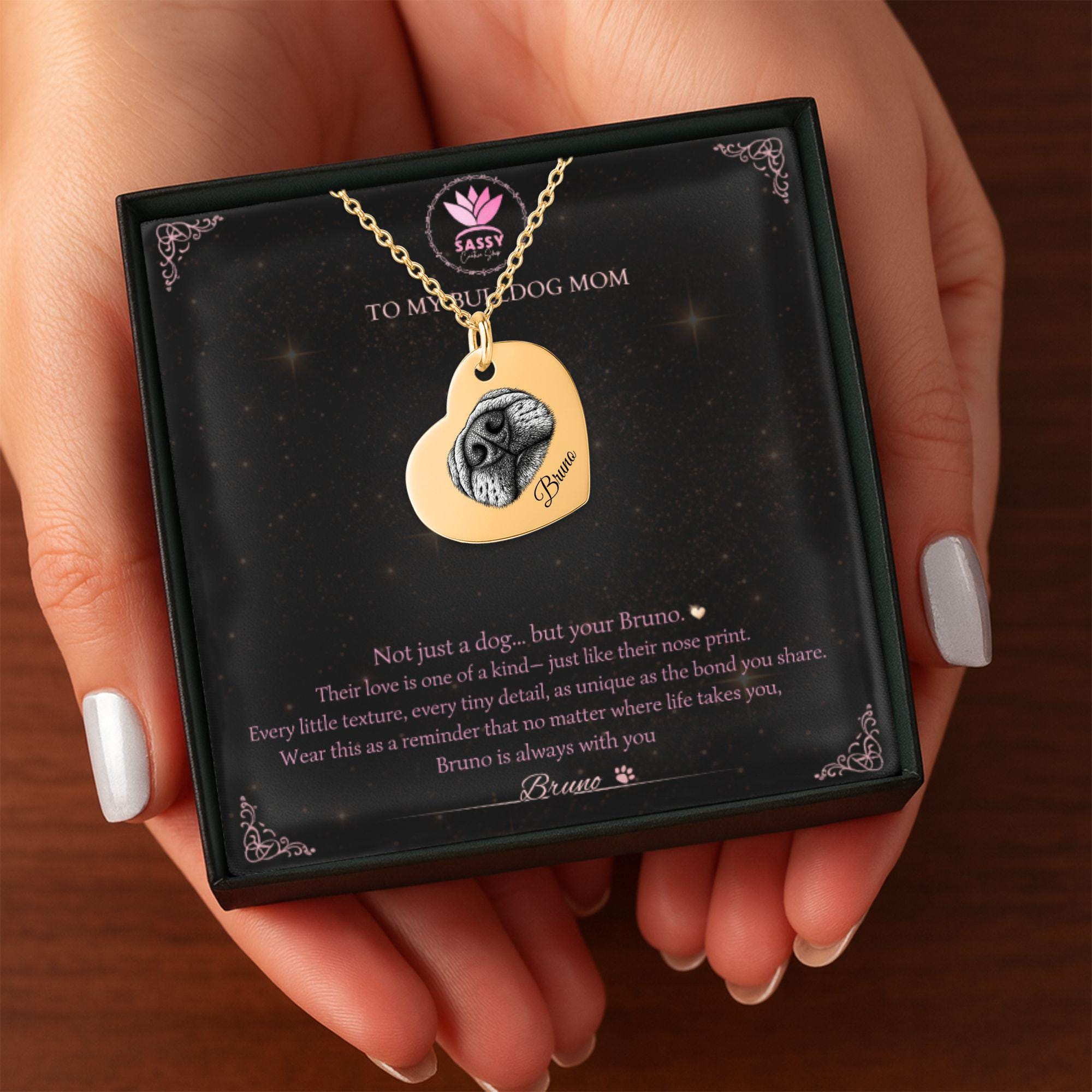 Custom pet nose print heart necklace engraved from dog nose photo, personalized memorial jewelry gift