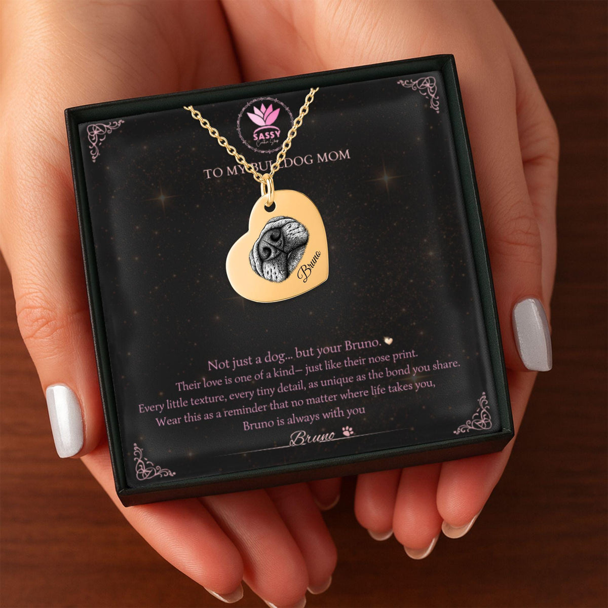gold heart charm necklace with bulldog nose art and personalized back engraving option
