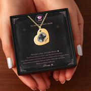gold heart charm necklace with bulldog nose art and personalized back engraving option