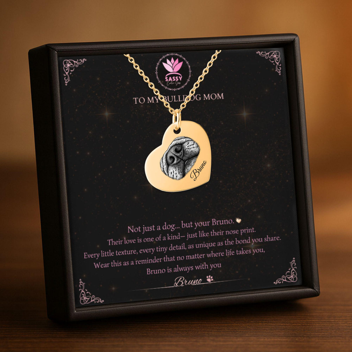 bulldog lover gift necklace with heart pendant and personalized engraving inside box
