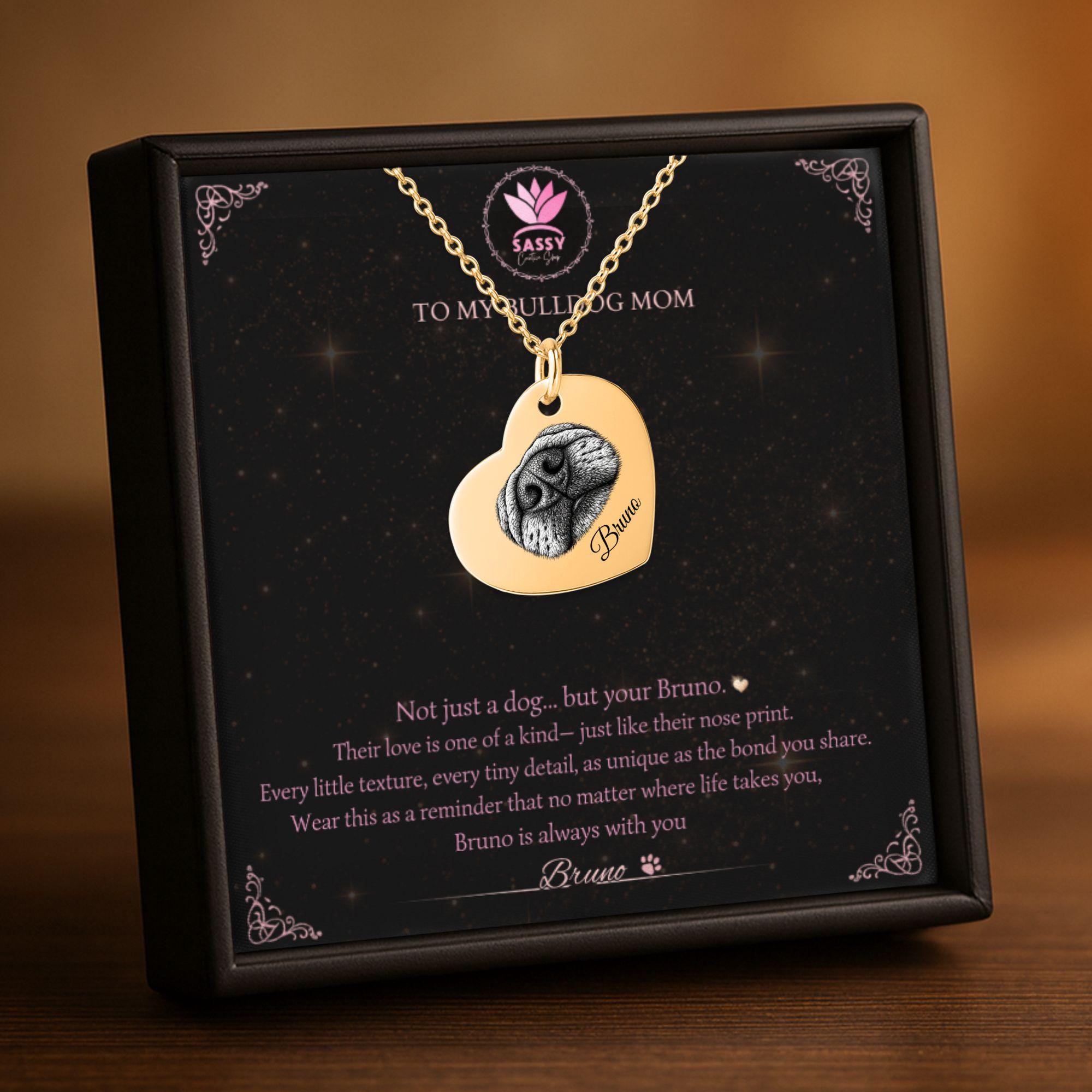 bulldog lover gift necklace with heart pendant and personalized engraving inside box