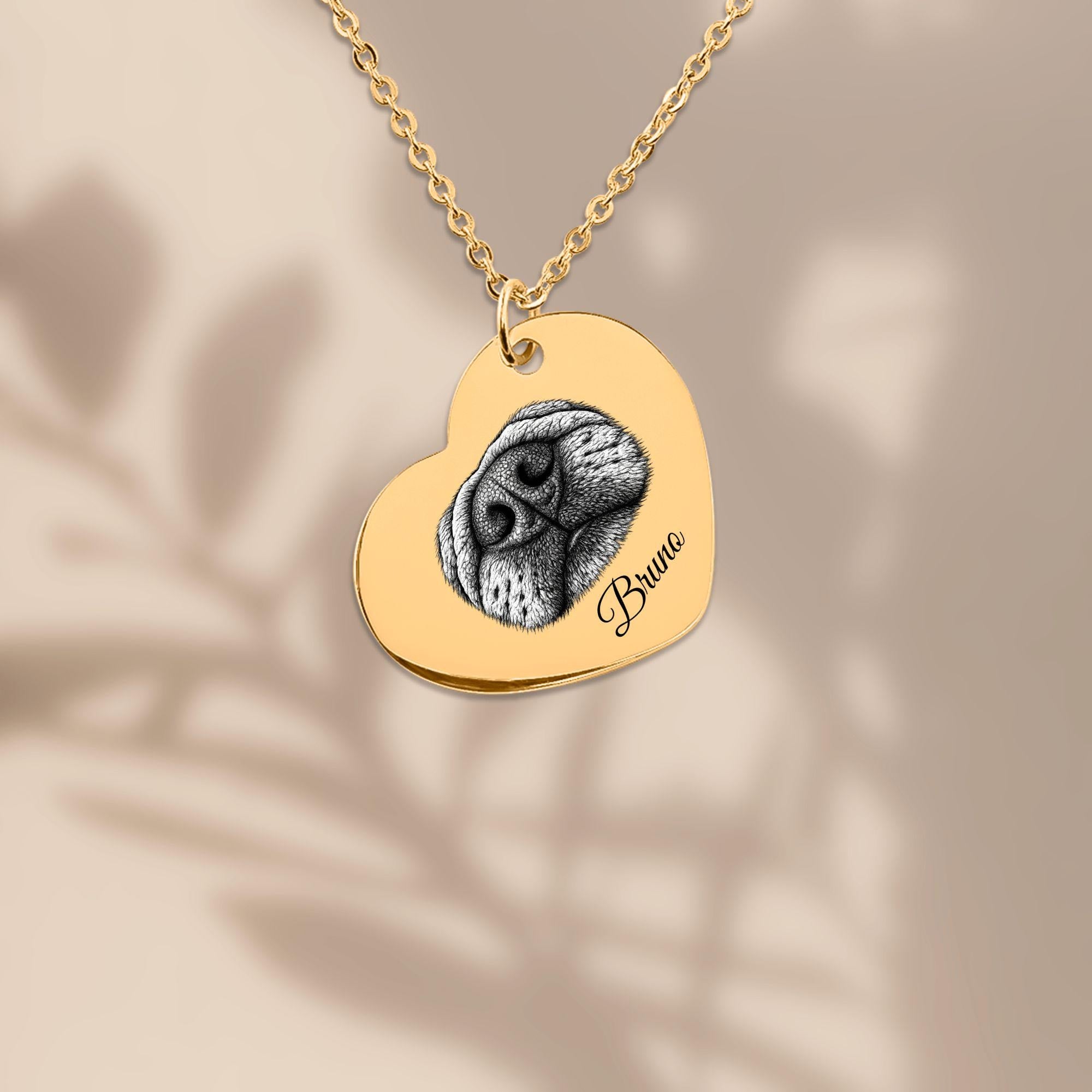 Custom pet nose print heart necklace engraved from dog nose photo, personalized memorial jewelry gift