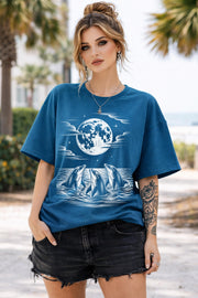 minimalist dolphin design shirt with full moon and water detail, coastal vibe apparel