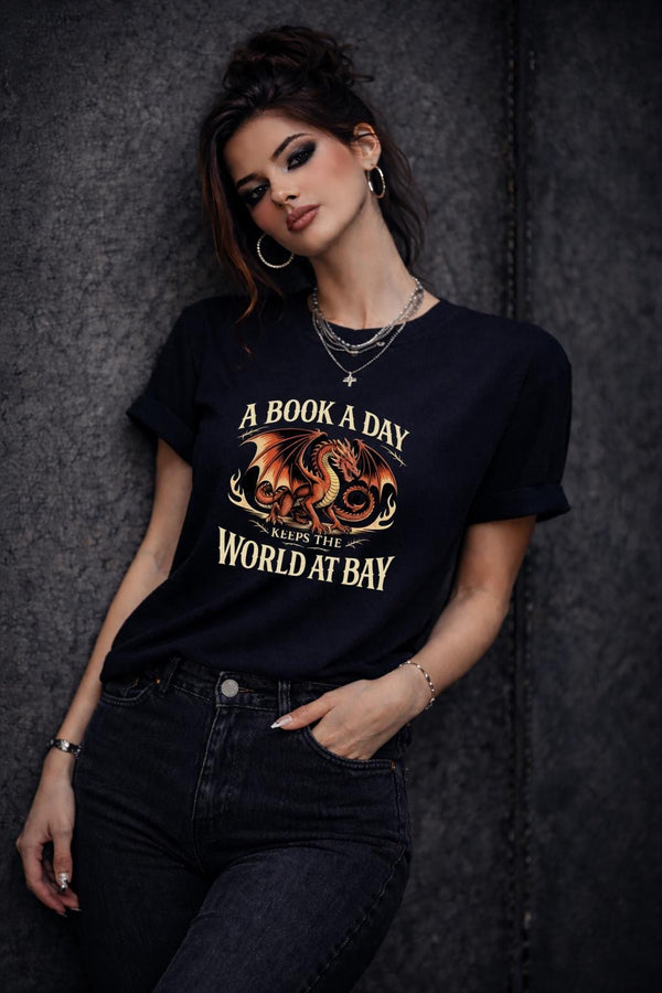 dragon illustration shirt for readers, stylish book lover outfit with dark aesthetic vibe