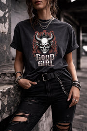 Unisex Comfort Colors t-shirt featuring gothic skull graphic with horns and crown, edgy dark aesthetic design on Pepper shirt worn by model