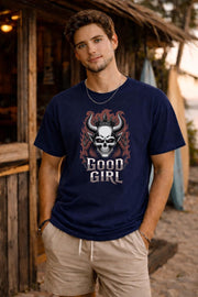 Unisex Comfort Colors t-shirt featuring gothic skull graphic with horns and crown, edgy dark aesthetic design on Midnight shirt worn by model