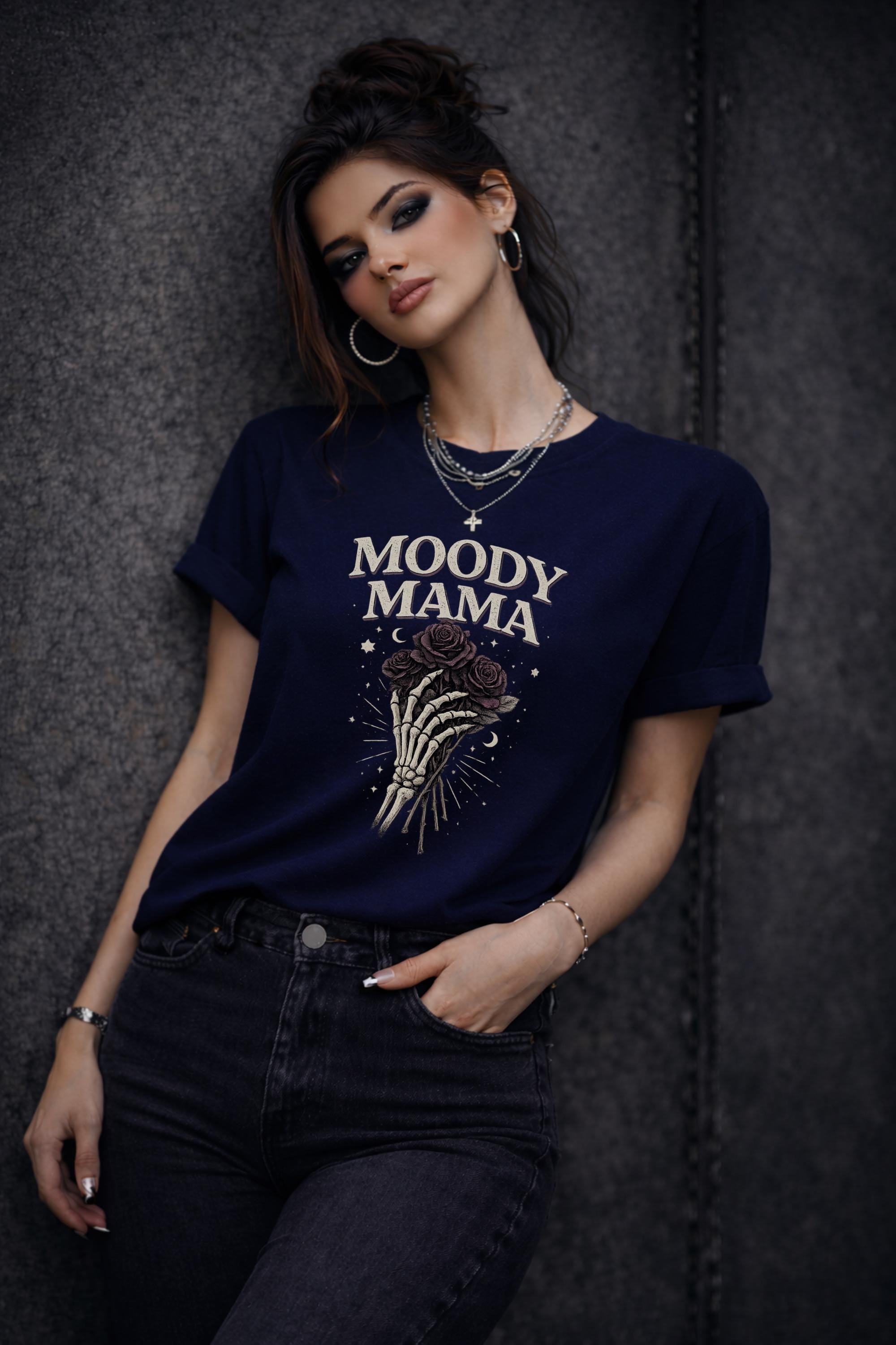 Moody Mama Shirt, Gothic Mom Tee, Dark Feminine Graphic Tee, Skeleton Hand Rose Shirt, Alternative Mom Shirt, Edgy Aesthetic Top