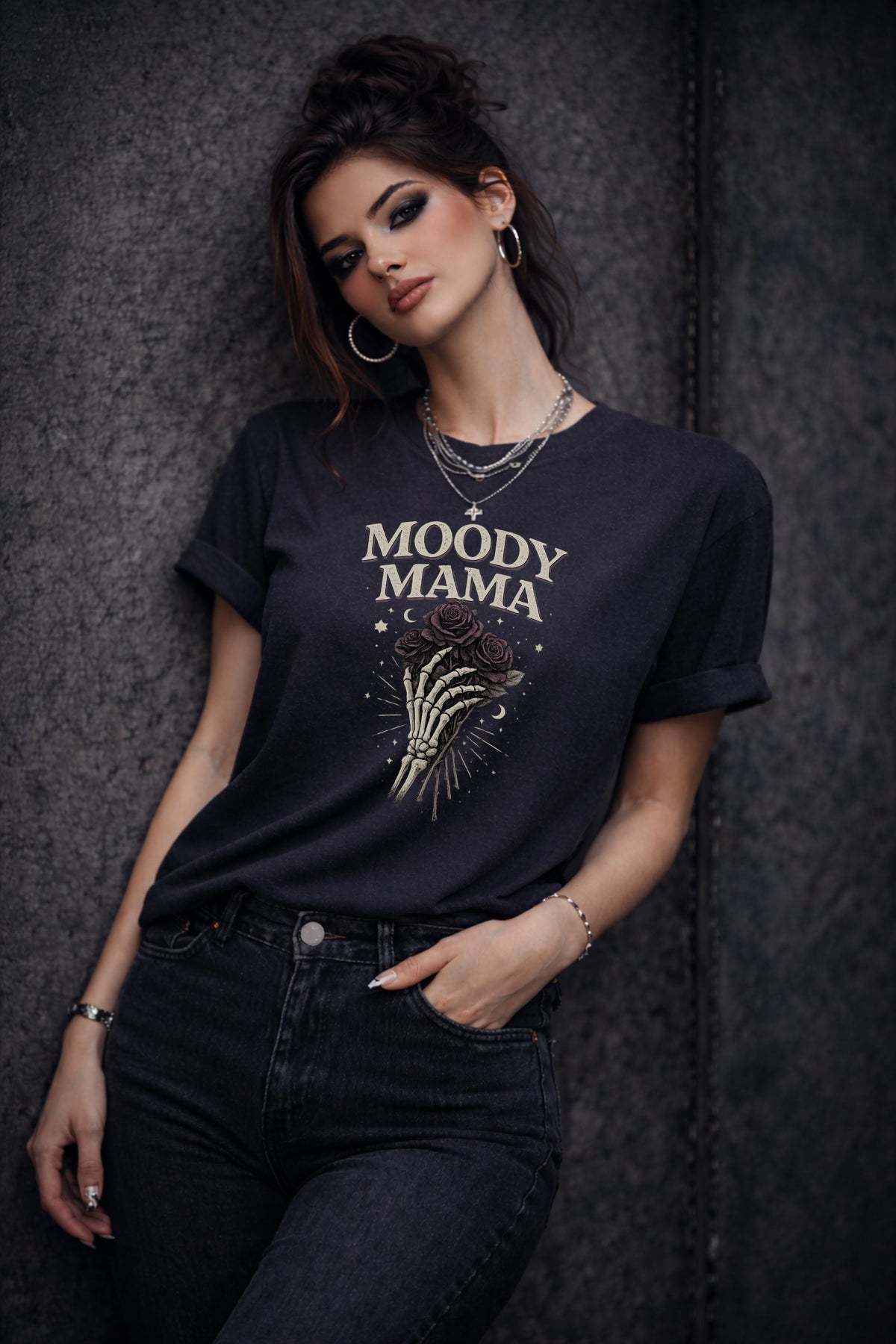 Moody Mama Shirt, Gothic Mom Tee, Dark Feminine Graphic Tee, Skeleton Hand Rose Shirt, Alternative Mom Shirt, Edgy Aesthetic Top