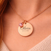 Gold, silver, and rose gold personalized name necklaces with birthstone charms displayed for customization options