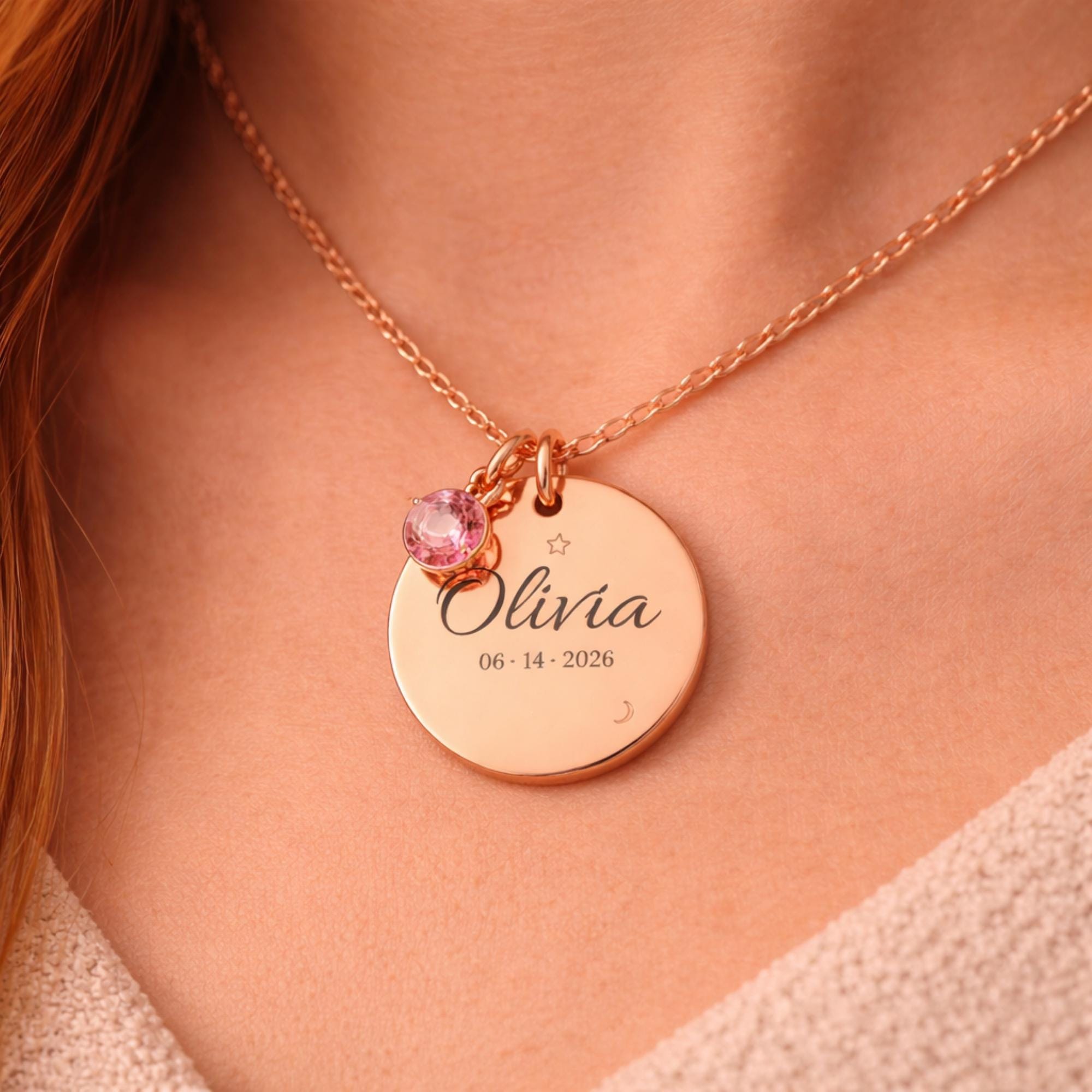 Gold, silver, and rose gold personalized name necklaces with birthstone charms displayed for customization options